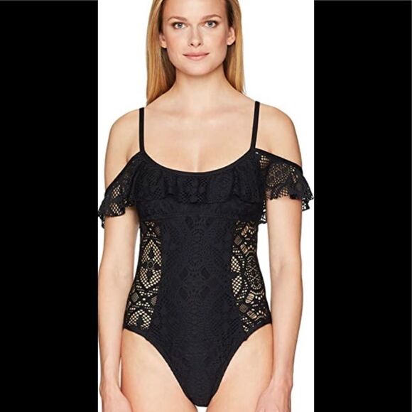 Kenneth Cole Reaction V-Neck Crochet Swim Suit. - Picture 5 of 6